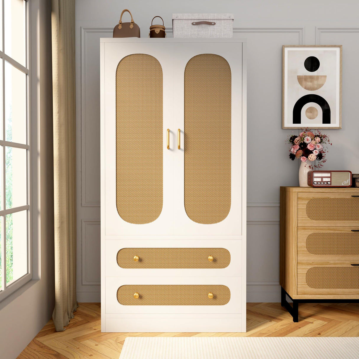 JZXSHD White Armoire Wardrobe Closet with Drawers, Rattan Wardrobe Cabinet with 2 Wood Door & Hanging Rail, Armoire Wardrobe Closet for Bedroom, Gym, Cloak Room JZXSHD