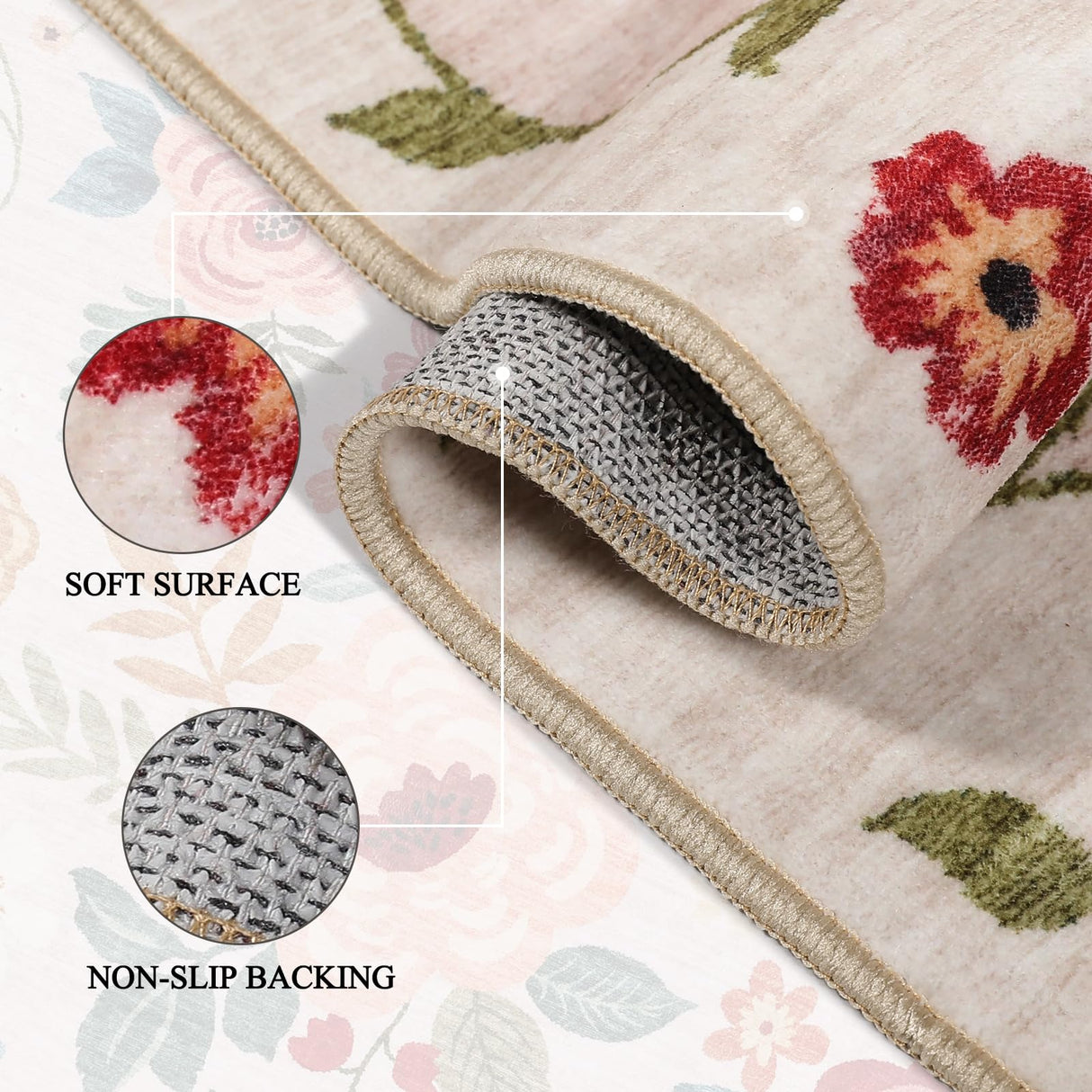 DUKINO 2x6 Runner Rug for Hallway, Washable Kitchen Runner Rug with Non Slip Backing, Low Pile Soft Boho Floral Runner for Kitchen, Hallway, Entryway, Laundry, Bedroom, Beige DUKINO