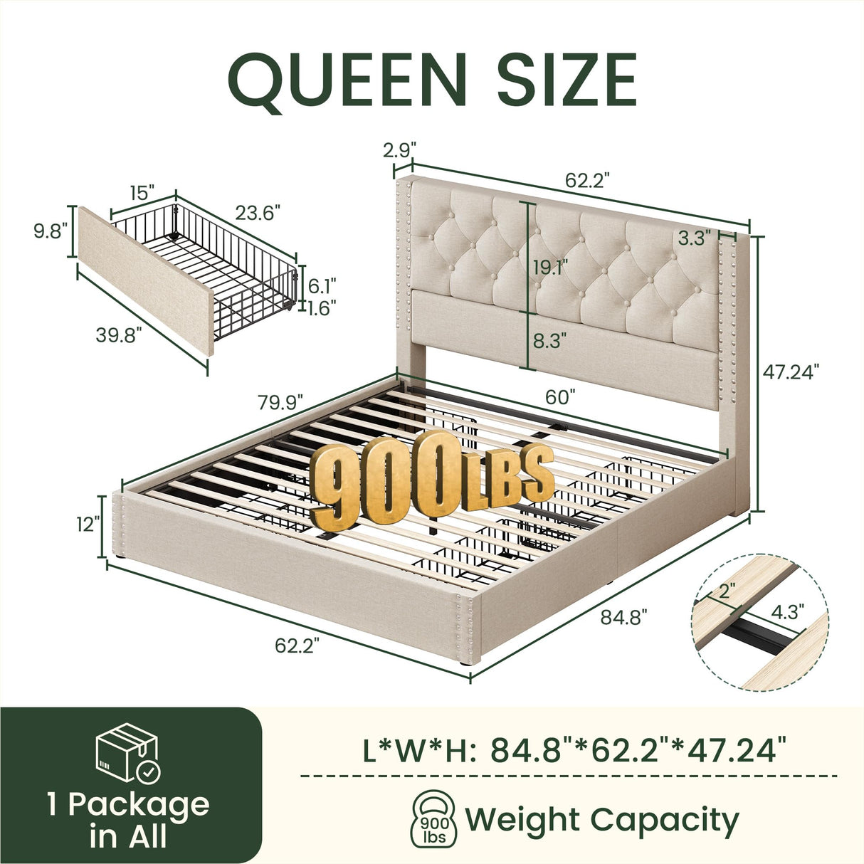 LARMACE Queen Size Bed Frame with 4 Storage Drawers and Tufted Headboard Linen Upholstered Platform Bed Frame with Heavy Duty Wood Slats, No Box Spring Needed, Easy Assembly, Beige LARMACE