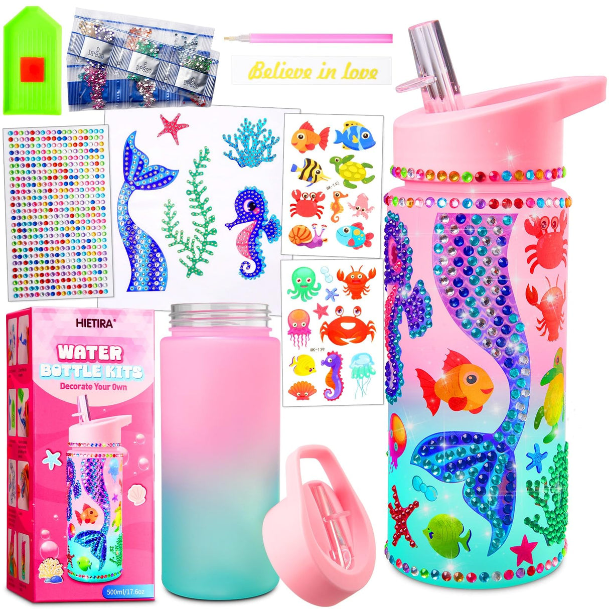 HIETIRA Decorate Your Own Water Bottle Kits for Girls - 4 5 6 7 8 Year Old Girl Gifts 4 5 6 7 8 9 Year Old Girl Birthday Gifts DIY Arts and Crafts for Kids Ages 6-8 Girls Mermaid Toys HIETIRA