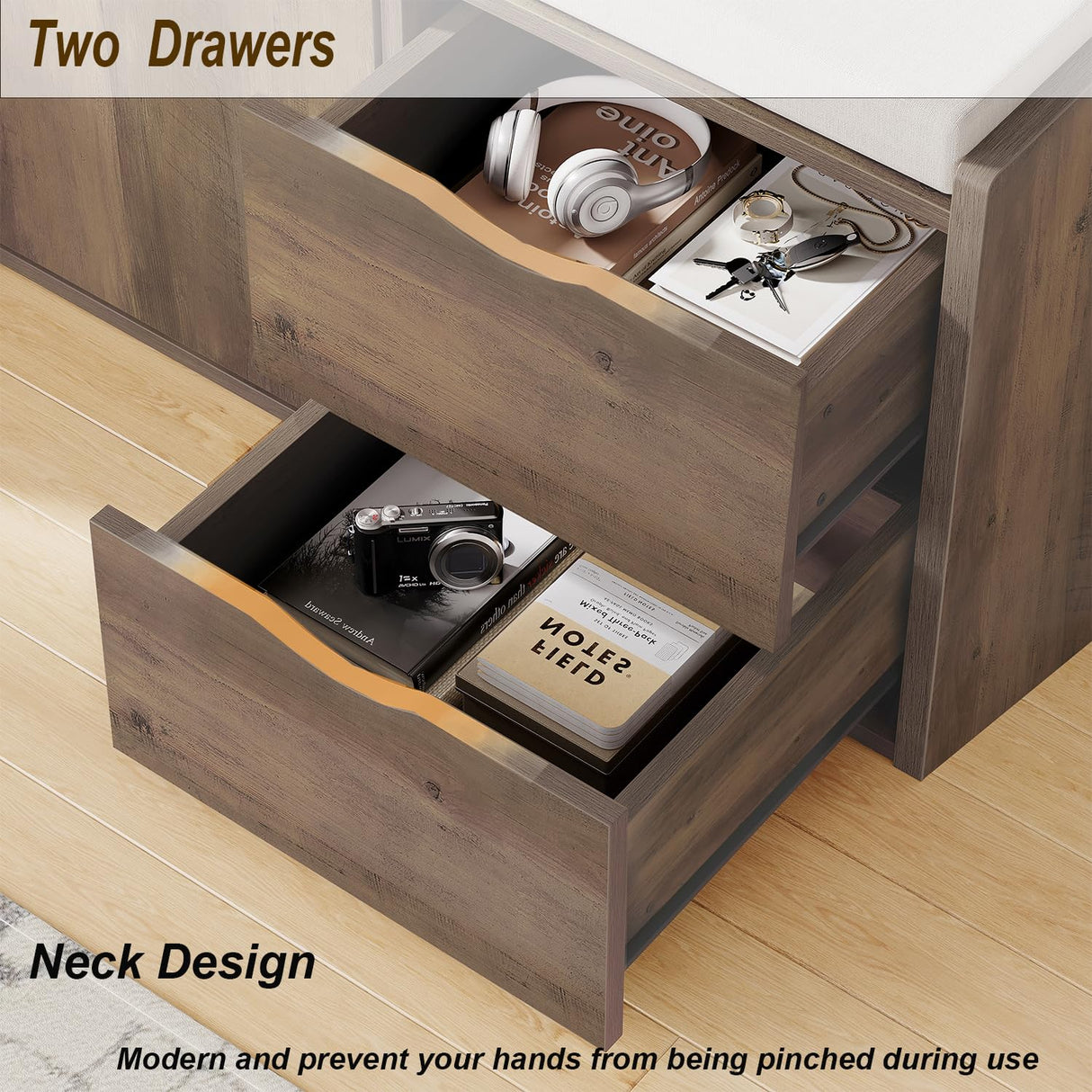 LVB Entryway Bench with Storage, 40” Storage Bench with Padded Cushioned Seat, Farmhouse Shoe Bench with 2 Drawers Cabinet Shelf, Industrial Wood Shoe Rack Bench for Living Bedroom,Rustic Oak, 40in LVB