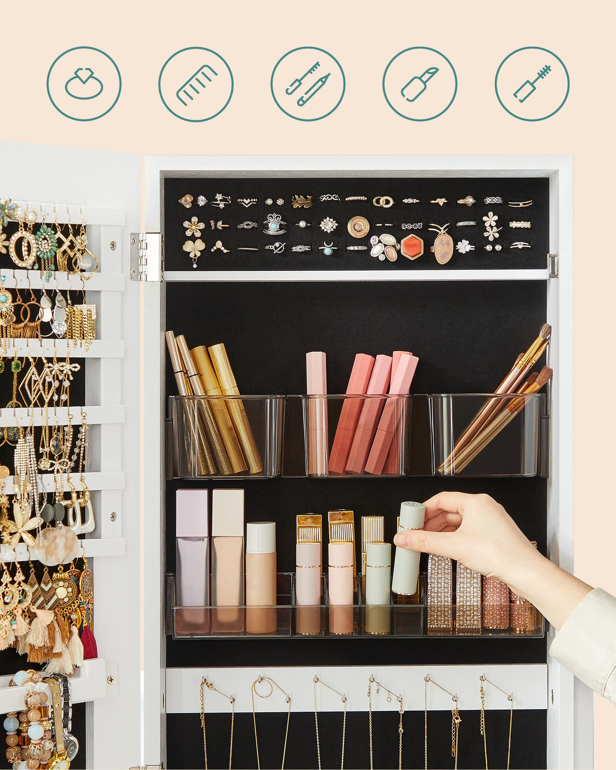 SONGMICS Jewelry Cabinet Armoire, Freestanding Lockable Storage Organizer Unit with 2 Plastic Cosmetic Storage, Full-Length Frameless Mirror, for Necklace Earring, White UJJC002W01 SONGMICS