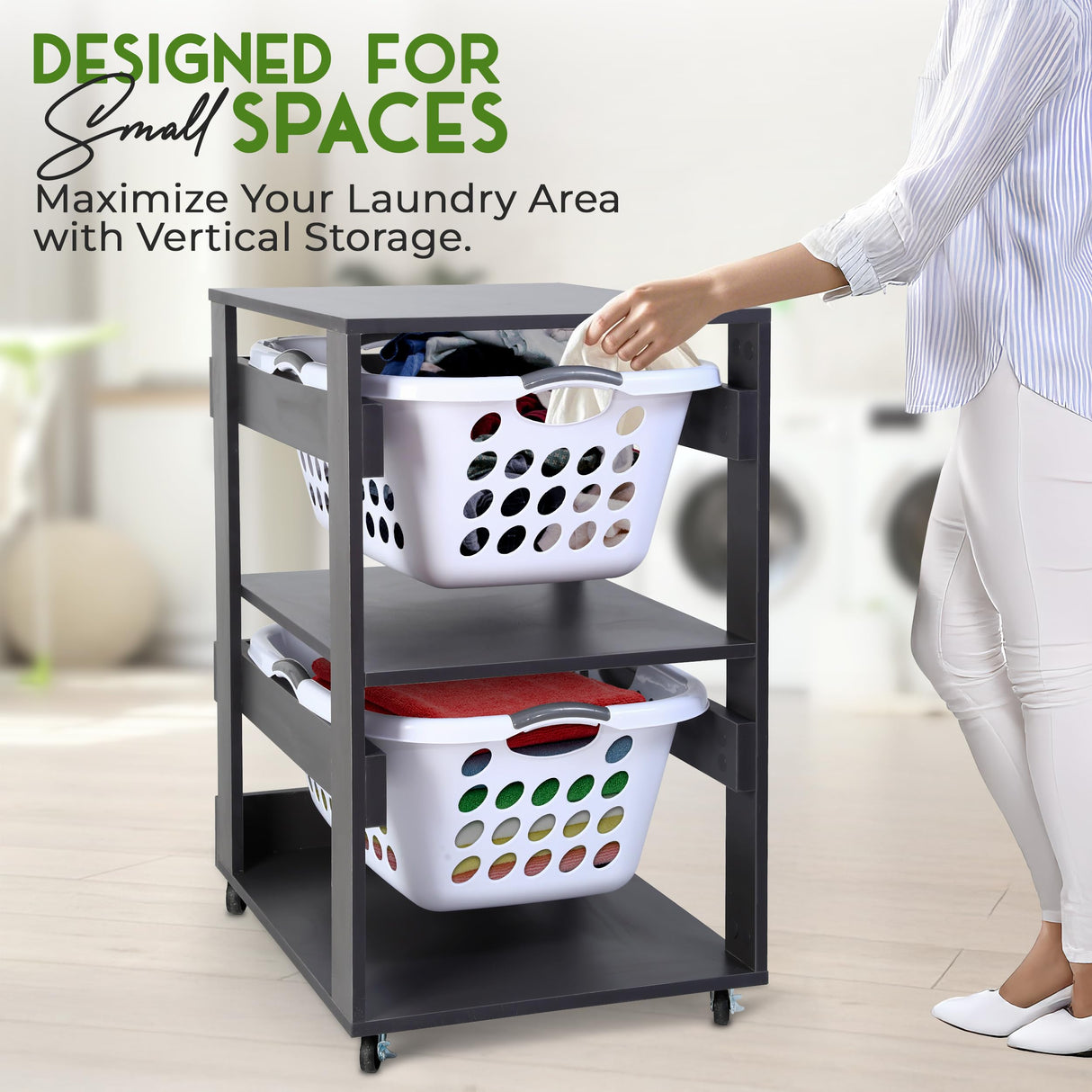 Laundry Basket Holder Shelf (2-Tier) - Stackable Engineered Wood Laundry Tower with Wheels, Tiered Laundry Hamper Organizer for Bathroom, Bedroom LEAPOAK