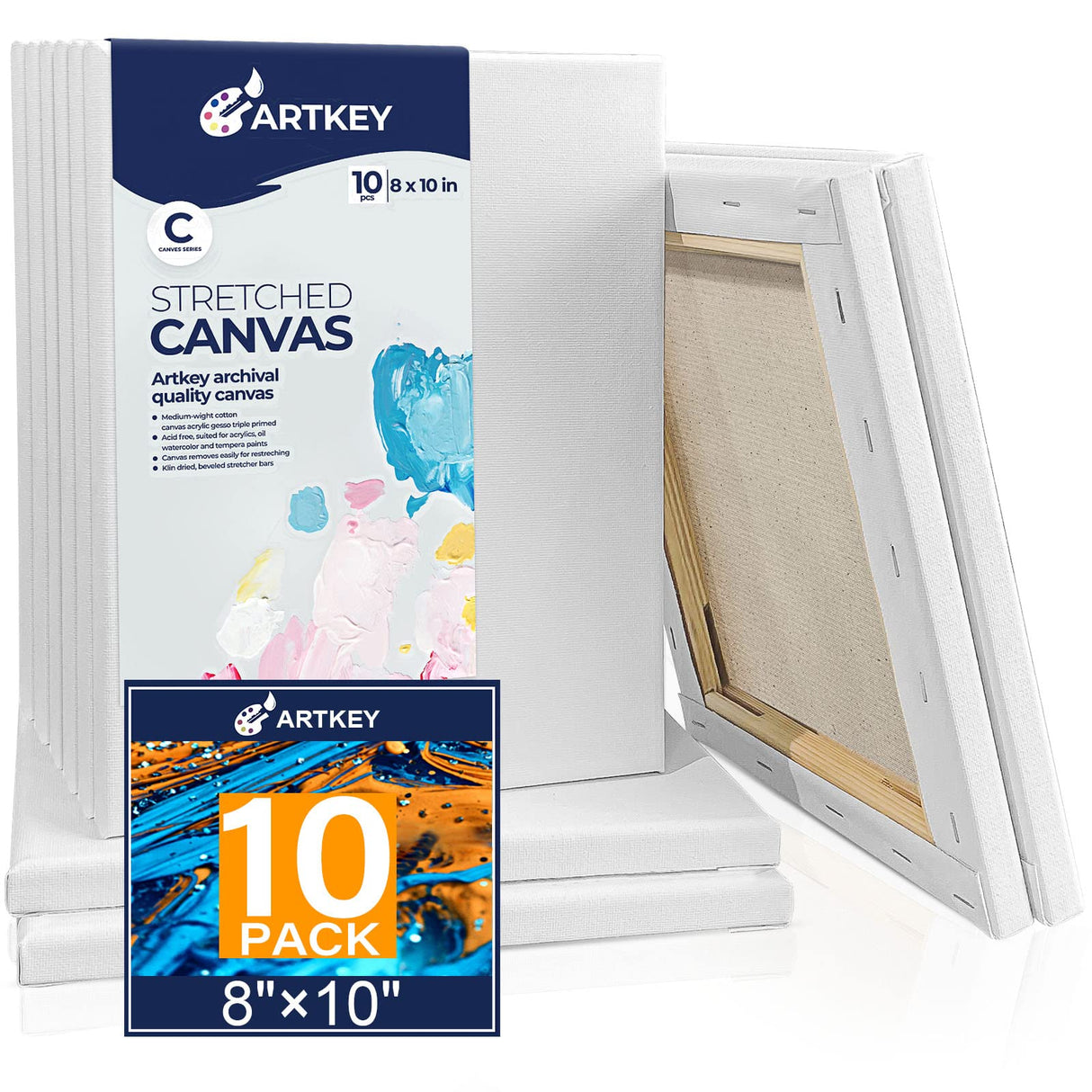 Artkey Canvases for Painting 8 x 10 Inch 10 - Pack, 5/8" Profile Stretched Canvas - 10 oz Primed, 100% Cotton White Blank Canvas - Art Paint Canvases for Acrylic Oil Paint Artkey