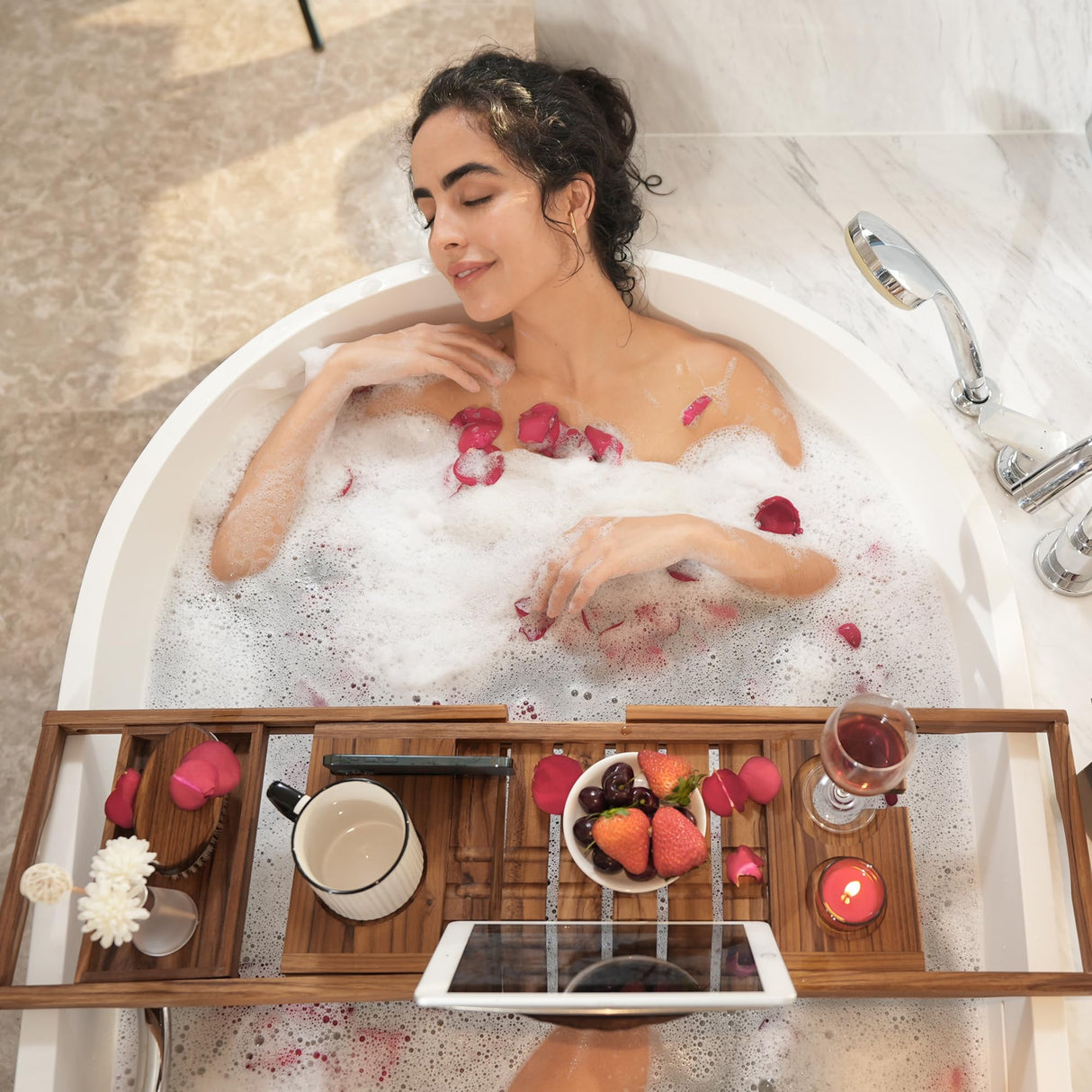 VaeFae Teak Bathtub Tray, Expandable Wooden Bath Tray for Tub with Wine and Book Holder, Solid Bathroom Caddy with Free Teak Body Brush VaeFae