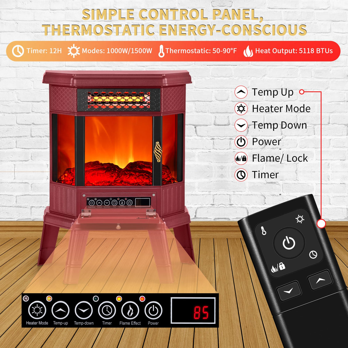 Electric Fireplace Heater 22 in Freestanding Fireplace Stove Infrared Fireplace RealSmart with 3D Flame Effect Remote Control, Timer, Overheating Protection Heater for Indoor Use Black (Christmas Red) RealSmart
