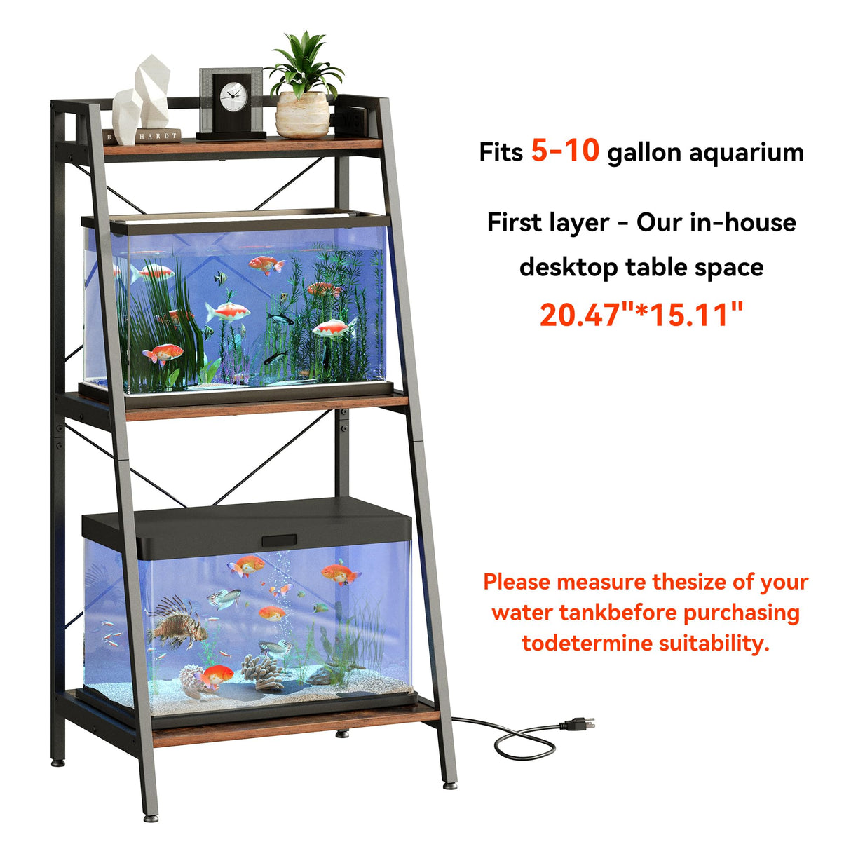 Herture 5-10 Gallon Fish Tank Stand with Shelf, Metal Frame Aquarium Stand with Storage and Power Outlet, for 2 x Fish Tank, 20.47" L*15.11" W Reptile Tank Rustic Brown PG10YGN Herture