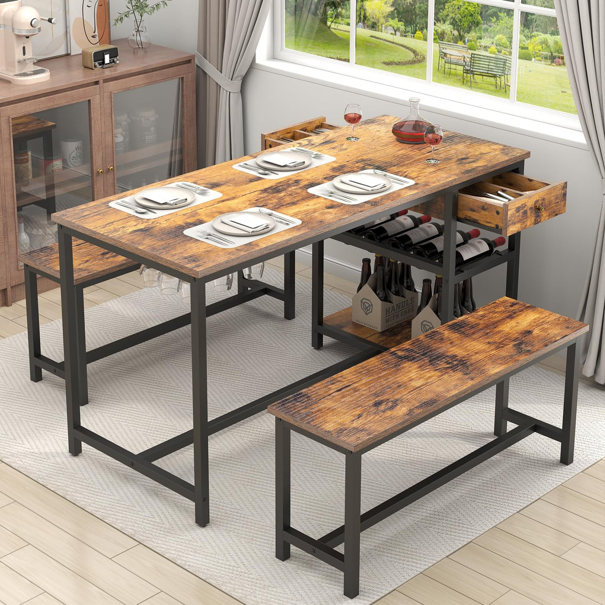 Auromie Dining Table Set for 4-6 People, 54.7" Kitchen Dinner Table with 2 Bench, Dining Room Table Set with Storage Drawer & Shelf, 3-Piece Breakfast Nook Table with Wine Rack &Glass Holder (Brown) Auromie