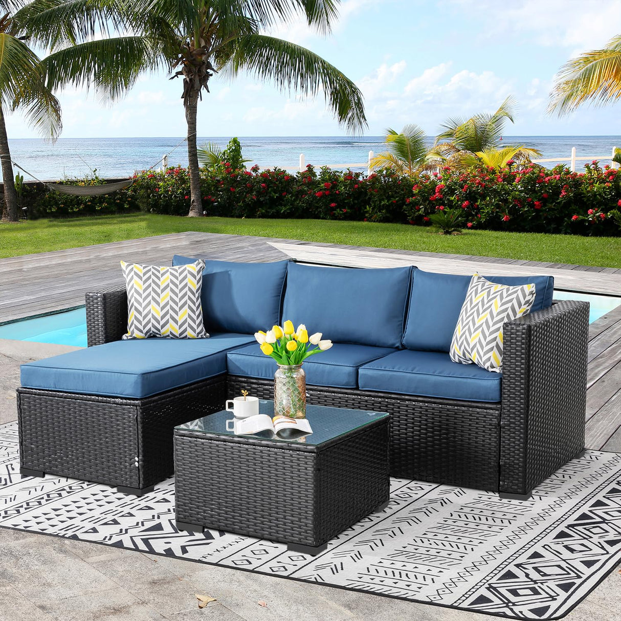 Vongrasig 5 Pieces Patio Furniture Sets, Wicker Outdoor Sectional Furniture with Glass Table and Cushions, Rattan Patio Conversation Sets for Garden, Poolside, Backyard(Dark Blue) Vongrasig