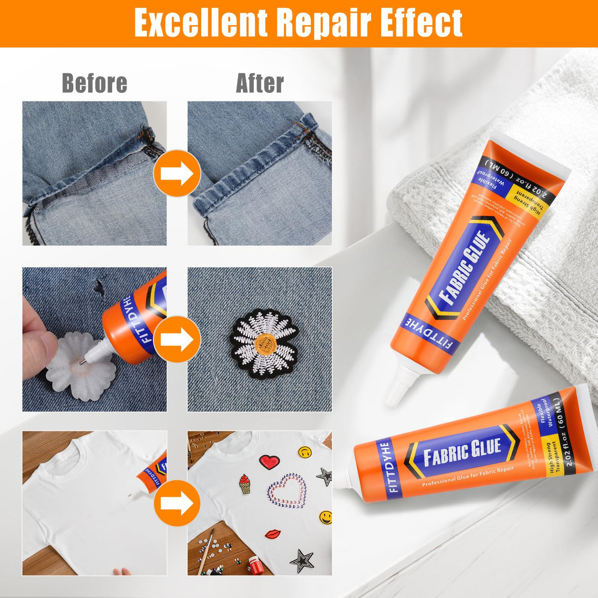 FITTDYHE Fabric Glue Permanent, 60 ML Washable Clear Clothing Glue, Super Fabric Glue for Rhinestones, Patches, Clothes, Denim, Leather, Polyester, Fabrics, Doll Repair, Flannel, Cotton FITTDYHE