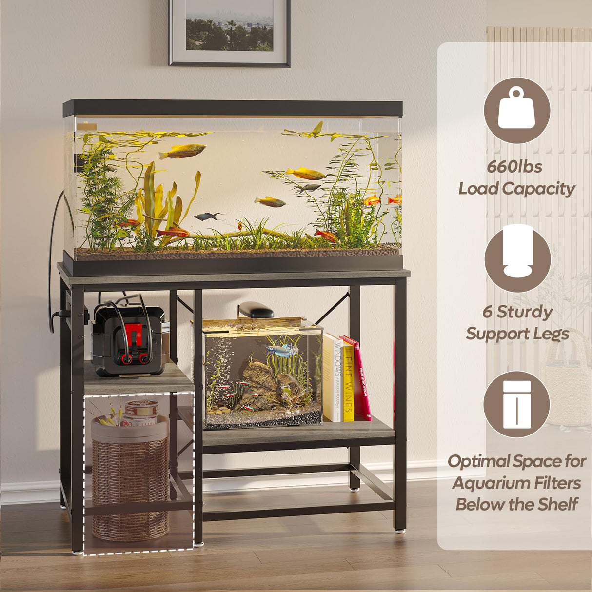Becuddler 40-50 Gallon Fish Tank Stand with Charging Station, 36x19 Metal Aquarium Stand with 3-Tiers Adjustable Storage Shelves, 6-Legs Reptile Terrarium Stand, 660 LBs Becuddler