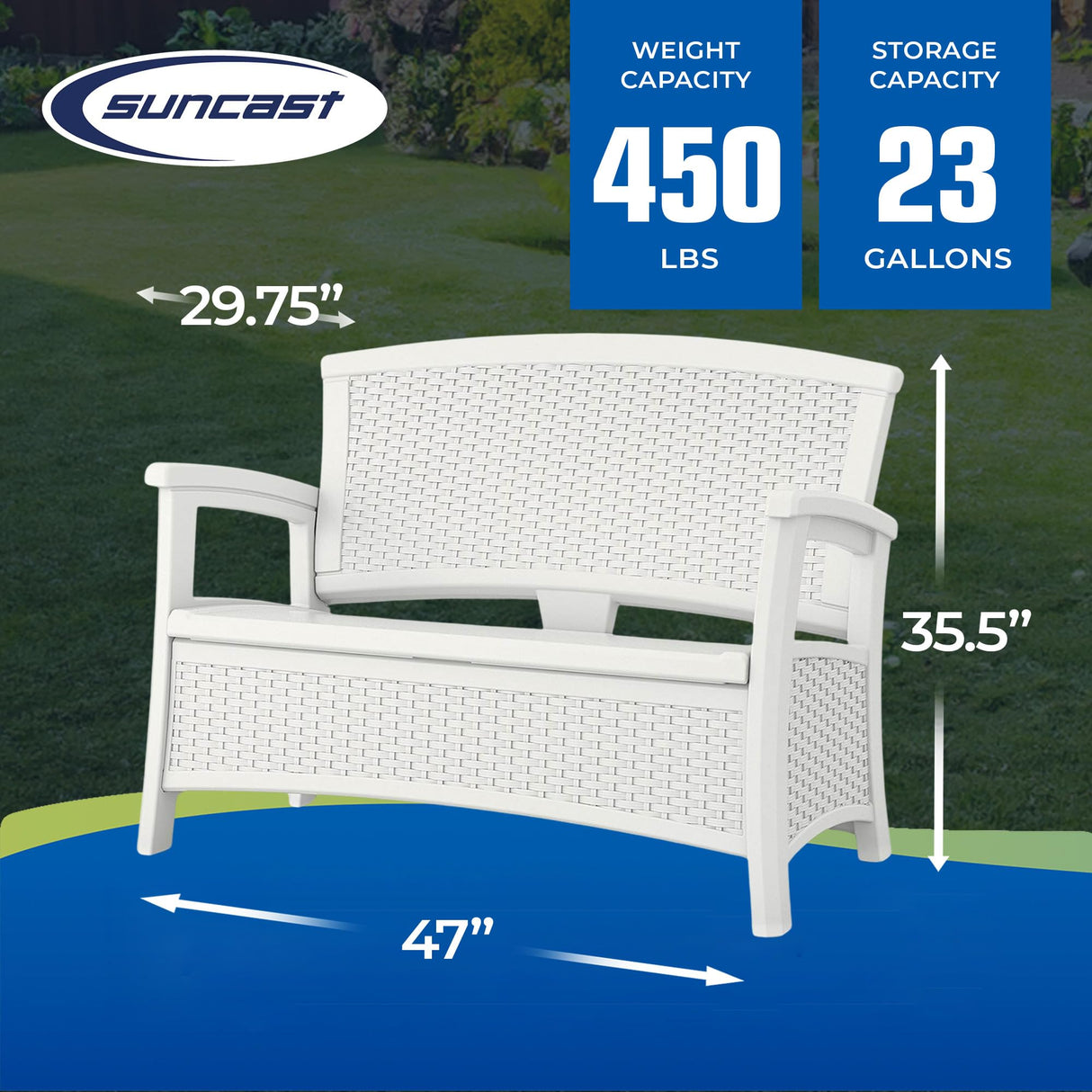 Suncast Elements Stylish Lightweight Loveseat Outdoor Seating with Convenient Built In Universal Storage, and All Weather Plastic, White Suncast