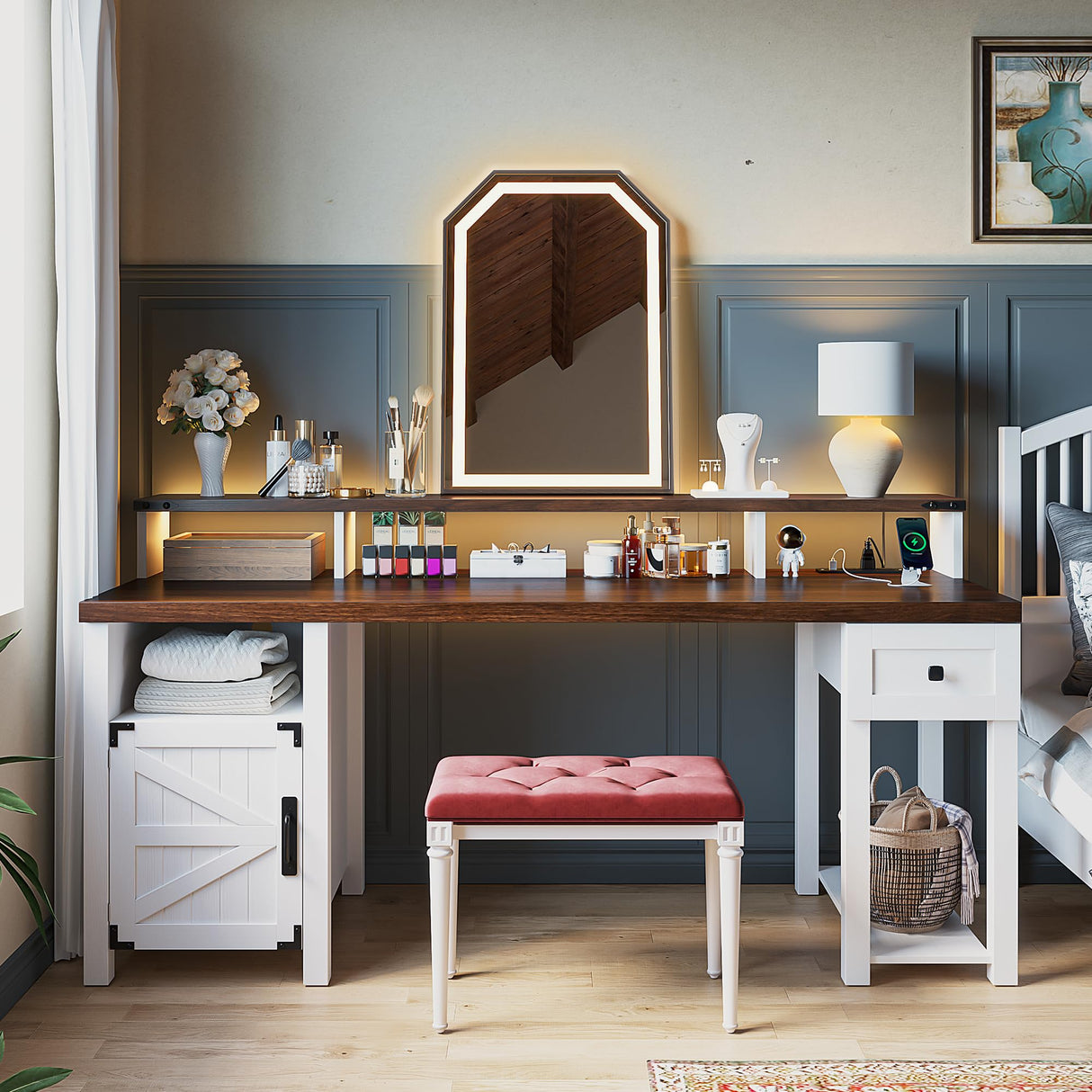 EnHomee 55" Computer Desk with Drawers Farmhouse Desk with Long Monitor Stand Reversible Wood Desk with Power Outlets Large Home Office Desk with Storage Cabinet Writing Desk with Drawers for Bedroom EnHomee