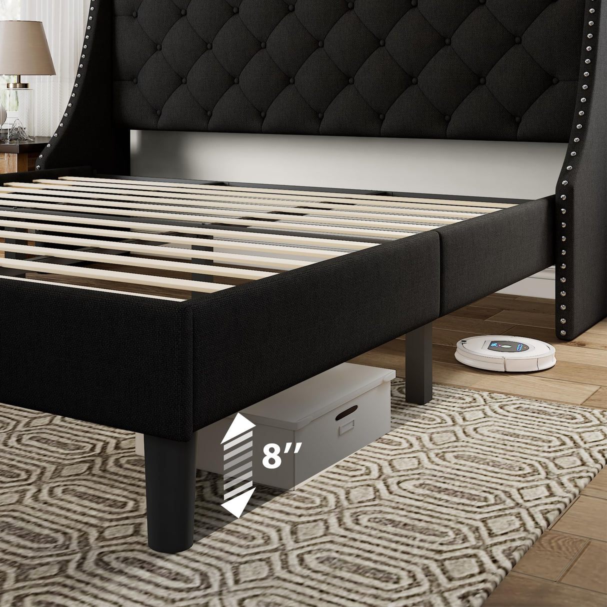 Feonase King Size Bed Frame with Luxury Wingback and Fast Charging Station,Upholstered King Button Tufted Storage Headboard Platform Beds, Wooden Slats Support, Noise-Free, Easy Assembly,Matte Black Feonase
