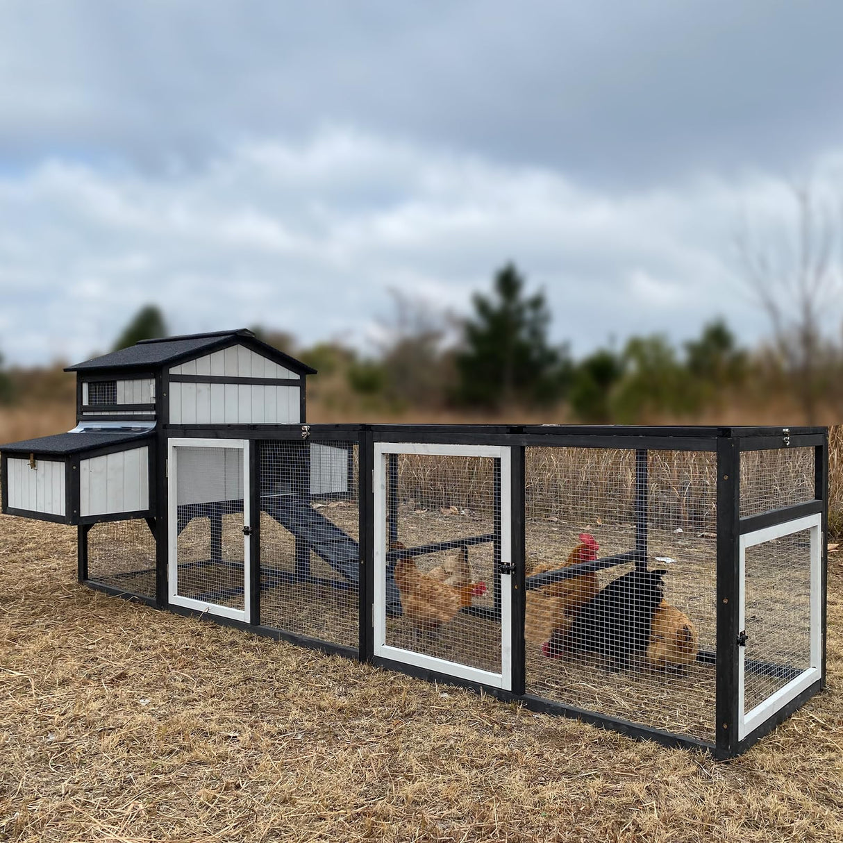 PetsCosset 116"L Extra Large Chicken Coop Wooden Hen House with Run 2 Story Poultry Cage Outdoor Indoor Chicken Houses for 4-8 Chickens 4 Nesting Boxes, 4 Perches, Removable Tray and Ramp, Combinable PetsCosset