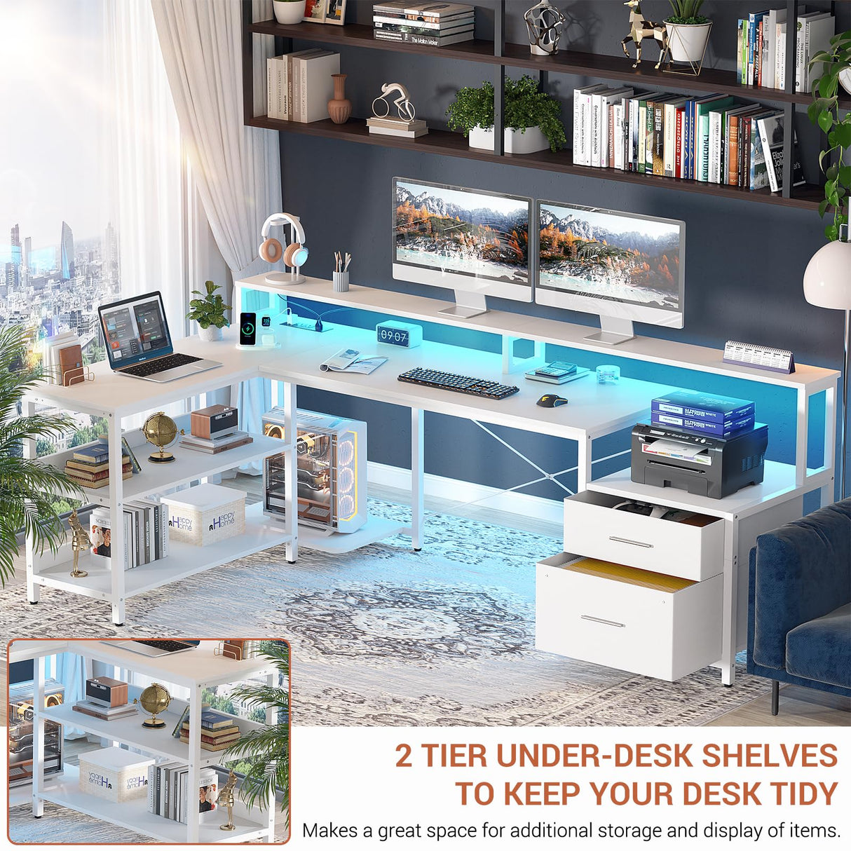 Aheaplus L Shaped Desk with File Drawer, 72.8" Reversible L Shaped Computer Desk with Power Outlet & LED Strip, Gaming Desk with Long Monitor Stand, Office Desk Corner Desk with Storage Shelf, White Aheaplus