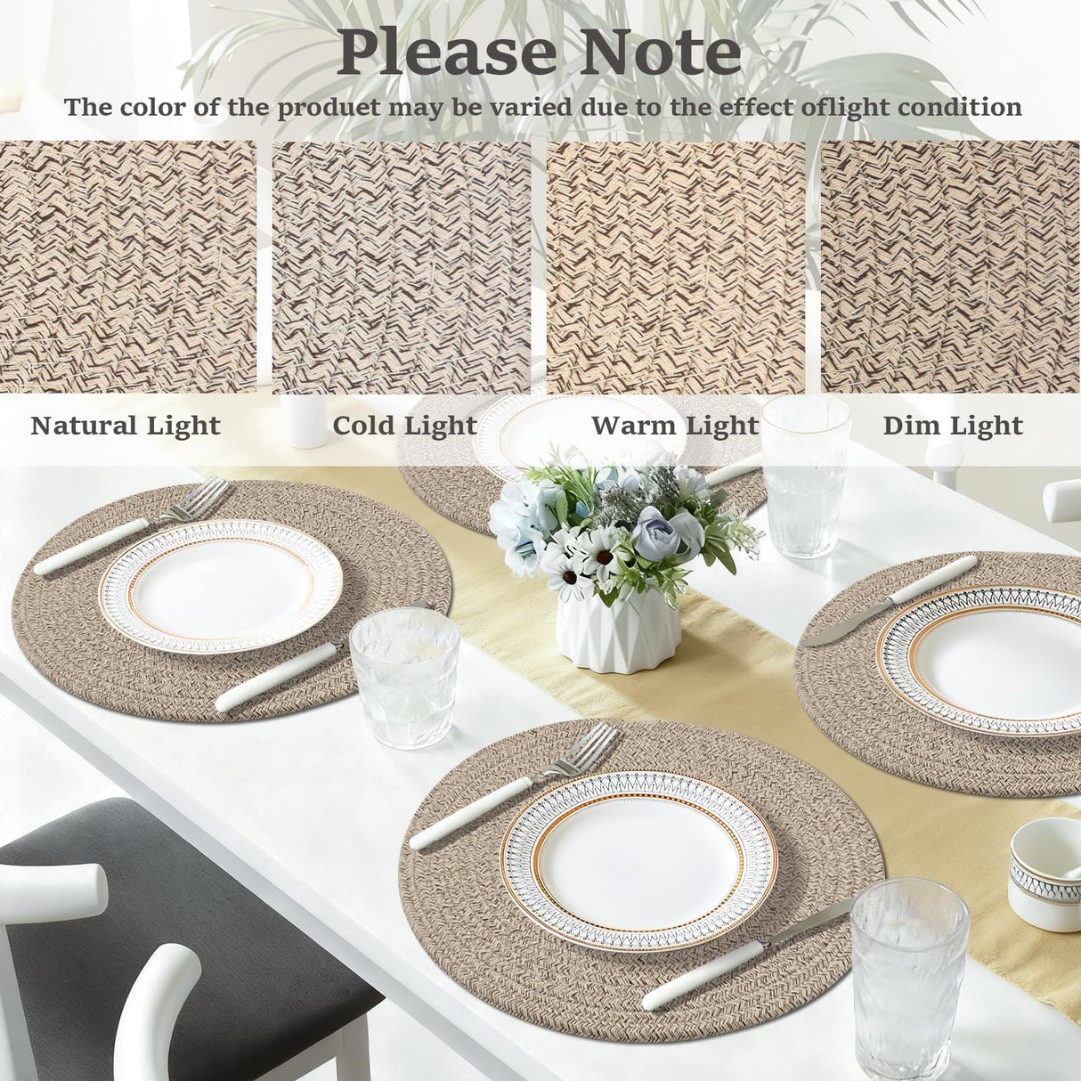 Round Placemats Set of 6, Cotton Rope Woven Table Mats, Hot Pads for Kitchen, Non Slip Heat Resistant Place Mats, 13 Inches Braided Placemat for Farmhouse Decor and Kitchen Table Decor (Brown) Jukercici
