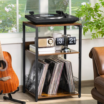 LELELINKY Large Brown Record Player Stand, 3 Tier Big End Table with Vinyl Storage Shelf Up to 130 Albums, Industrial Turntable Printer Stands Modern Side Tables for Living Room, Bedroom, Office