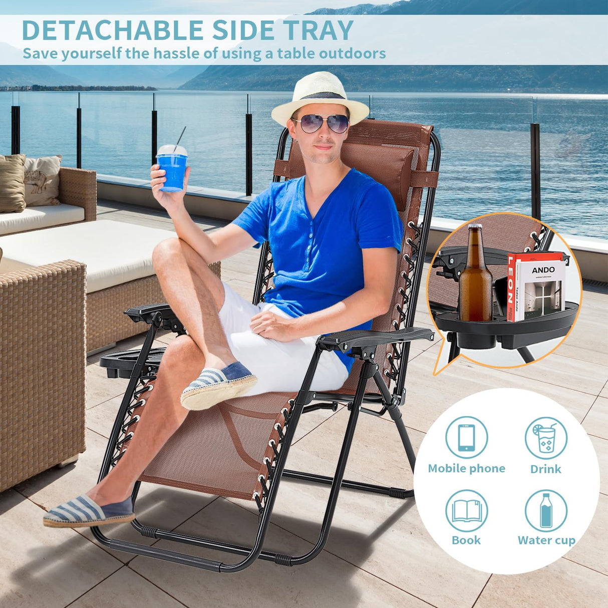 Zero Gravity Chair Set of 2, Folding Reclining zero gravity recliner lounge Chair 330lbs with Pillow and Cup Holder Trays, Steel Mesh outdoor recliners for patio Poolside Backyard Beach (Brown) BUPPLEE