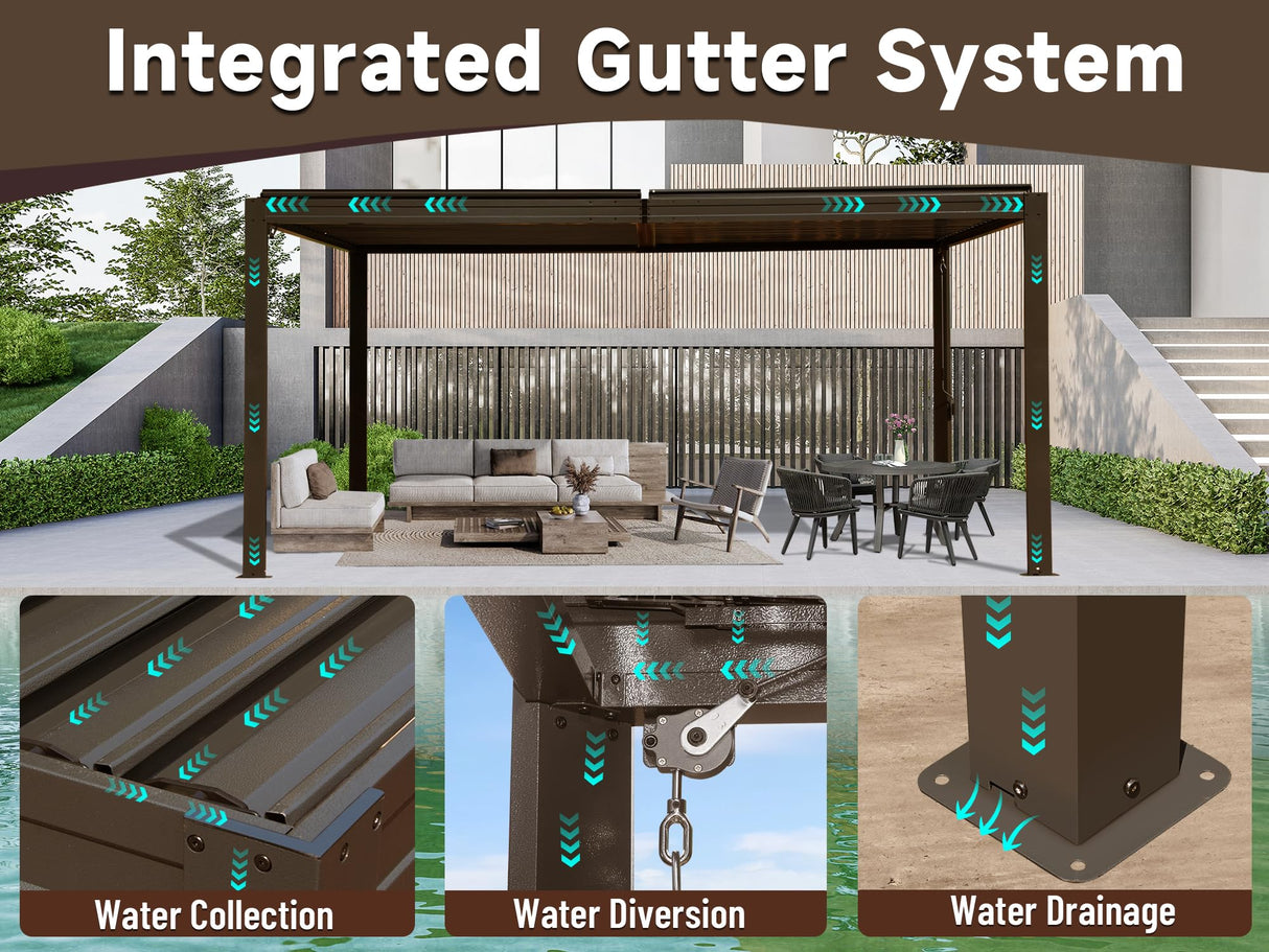 Domi Louvered Pergola 10X16FT, Aluminum Pergola with Adjustable Roof, Aluminum Frame, Efficient Drainage System, Outdoor Pergola for Patio, Deck, Garden, Brown domi outdoor living