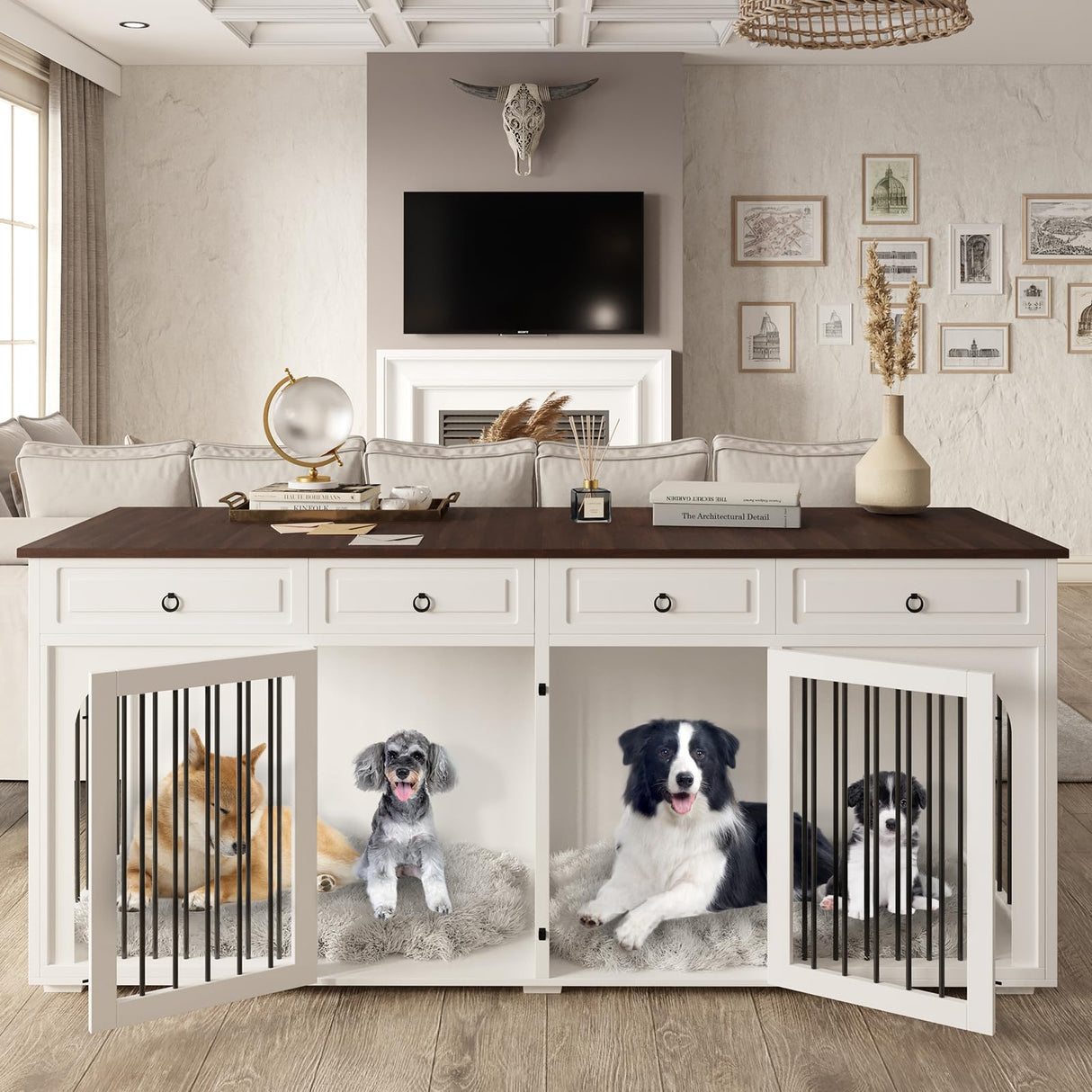86.6" Double Dog Crate Furniture with 4 Drawers,Indoor Wooden Dog Kennel Furniture for 2 Large Breed Dogs with Divider,Heavy Duty Dog Crate Furniture TV Stand for Large Medium Dogs,White Niopatio