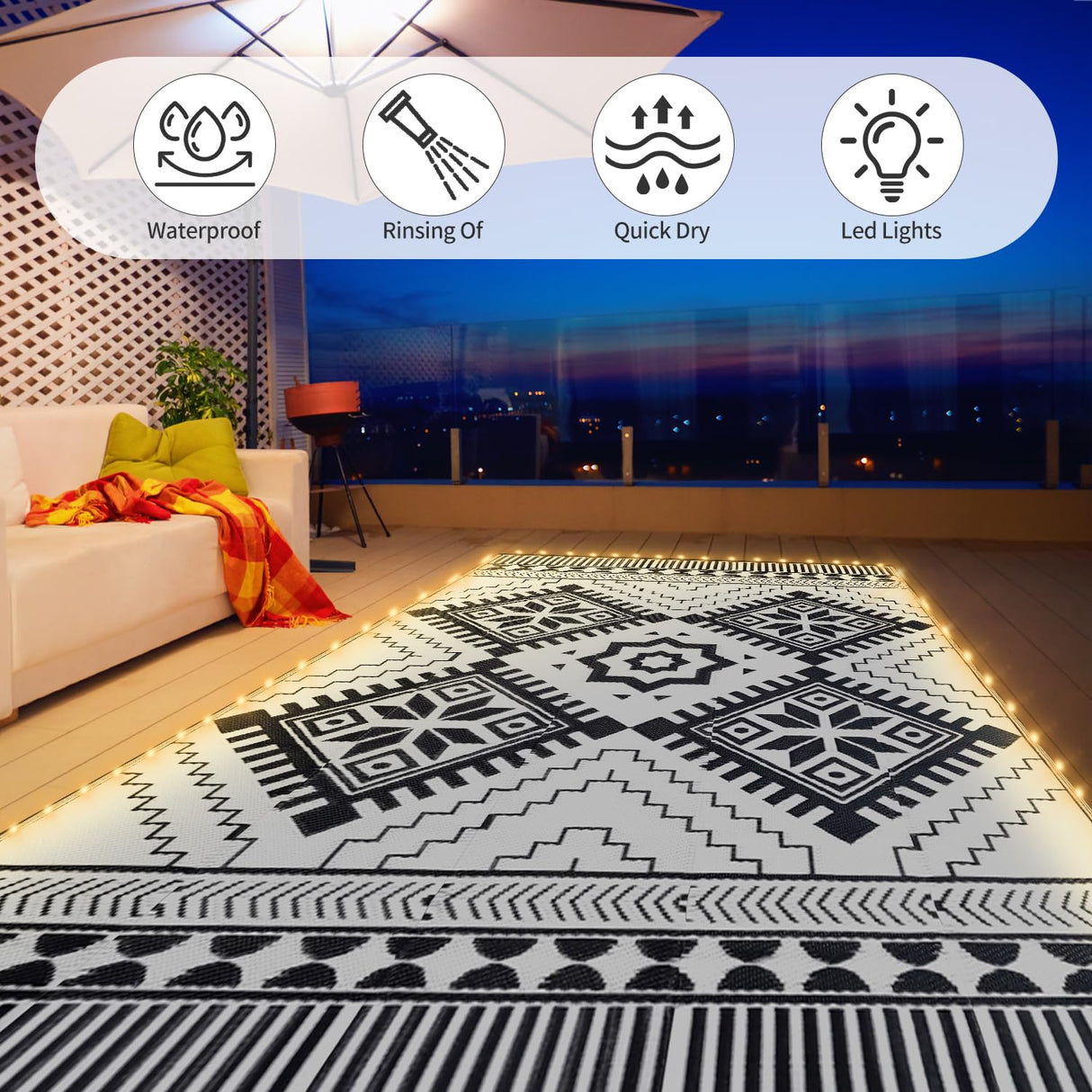 8x10ft Waterproof Outdoor Rug with LED Lights, Boho Reversible Plastic Straw Mat for Patio RV Camping Picnic Balcony Beach Deck Indoor Outdoor Carpet, Black&White DiiKoo