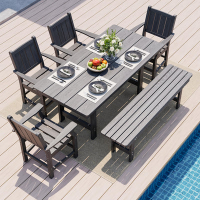 Pamapic 6 PCS Outdoor Dining Set, Spacious HDPE Outdoor Table with 4 Chairs and 1 Bench, Wood Grain Patio Furniture Sets with Elegant Armrest, All-Weather Patio Dining Table with Umbrella Hole, Gray
