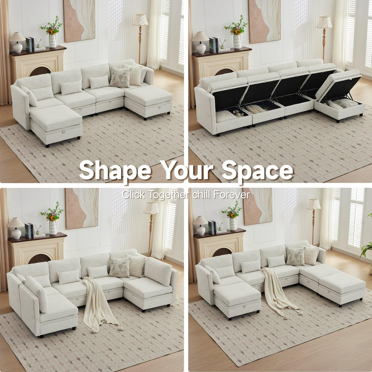 Korser 112" Modular Sectional Sofa with Storage, U Shaped Sectional Sofa for Living Room, Convertible Cloud Sectional Couch with Chaise, 6 Seat Couch with Cushions, Adjustable Backrest Design, Beige Korser