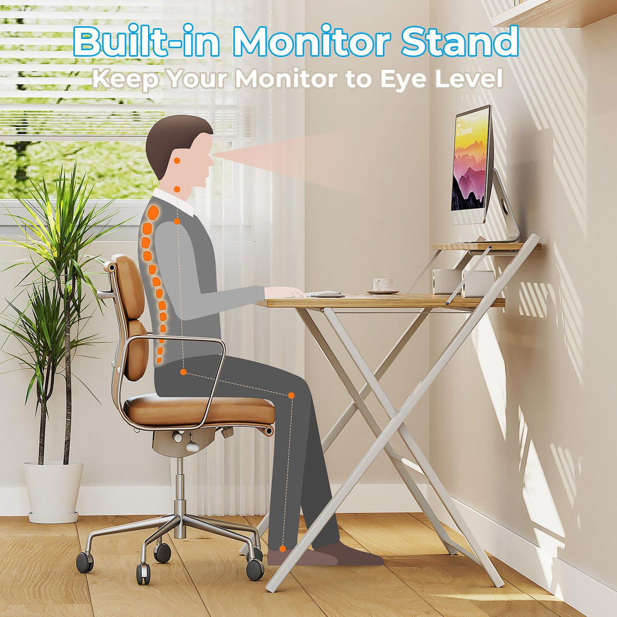 GreenForest Folding Desk No Assembly Required Small Size, 2-Tier Foldable Computer Desk with Shelf for Home Office, Space Saving Portable Laptop Study Foldable Table for Small Spaces, Oak GreenForest