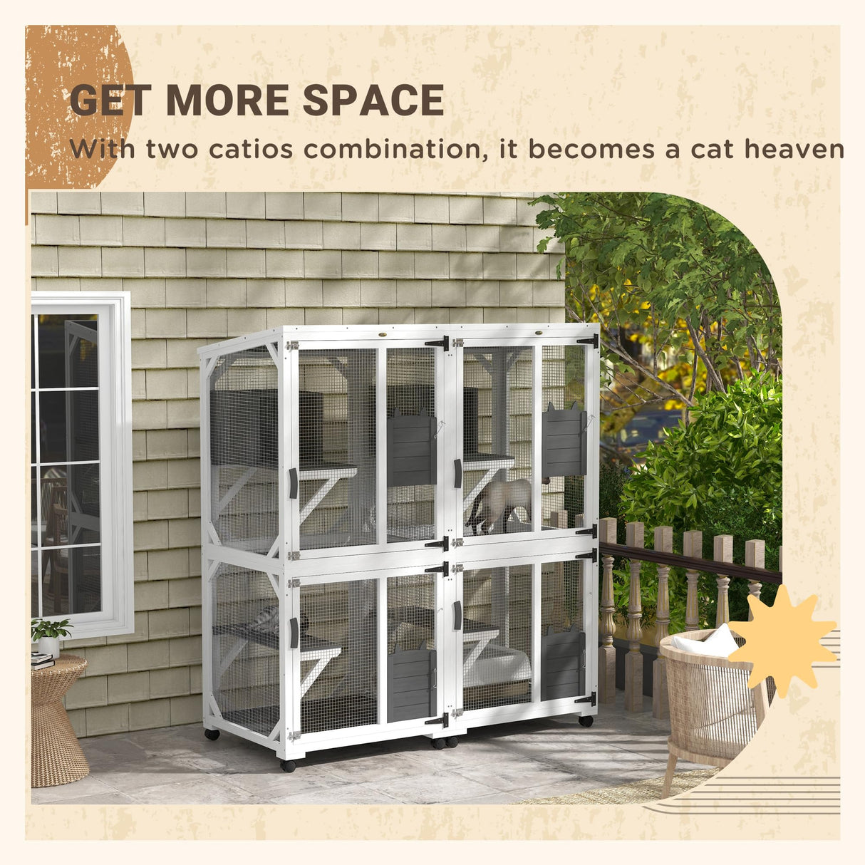 PawHut Wooden Catio with Waterproof Roof, Large Cat House with High-Up Resting Box, Indoor & Outdoor Cat Enclosure with Wheels, for 1-3 Cats, White PawHut