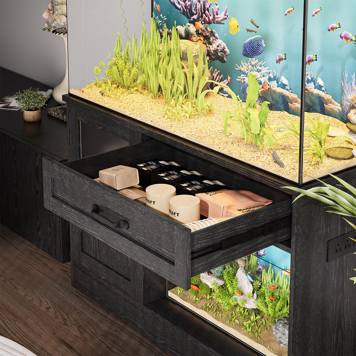 LUMIINOFAMI 40 Gallon Tank Stand, Wooden Aquarium Stand 40 Gallon Fish Tank Stand with Drawer, Reptile Tank Stand with Power Strip and LED, Tank Stand -1000Lbs Capacity, Black LUMIINOFAMI