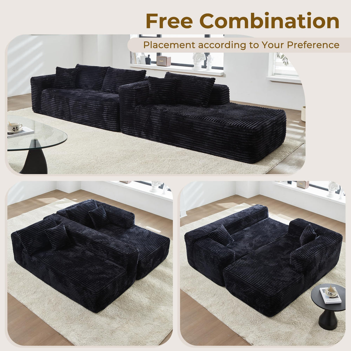 POUUIN 104" L-Shape Modular Sectional Sofa Couch - Comfy Upholstered Cloud Couch for Living Room - Modern Minimalist Couch,Deep Seat,No Assembly Required (Black,Plush Corduroy, Right Facing Chaise) POUUIN