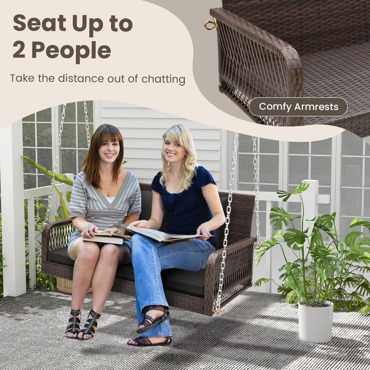 Tangkula Wicker Outdoor Porch Swing, 800 LBS Capacity Outdoor Swing Bench with Hanging Chains, Back and Seat Cushions, 2-Seater Hanging Patio Bench for Deck, Garden, Yard (Black) Tangkula