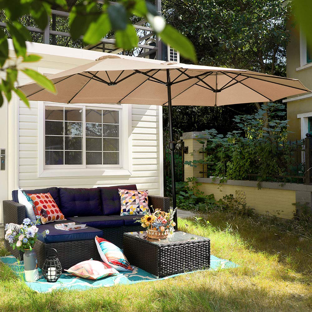 PHI VILLA 15ft Large Patio Umbrella Double-Sided Outdoor Market Pool Umbrellas with Crank, Umbrella Base (Stand) Included(Beige) PHI VILLA