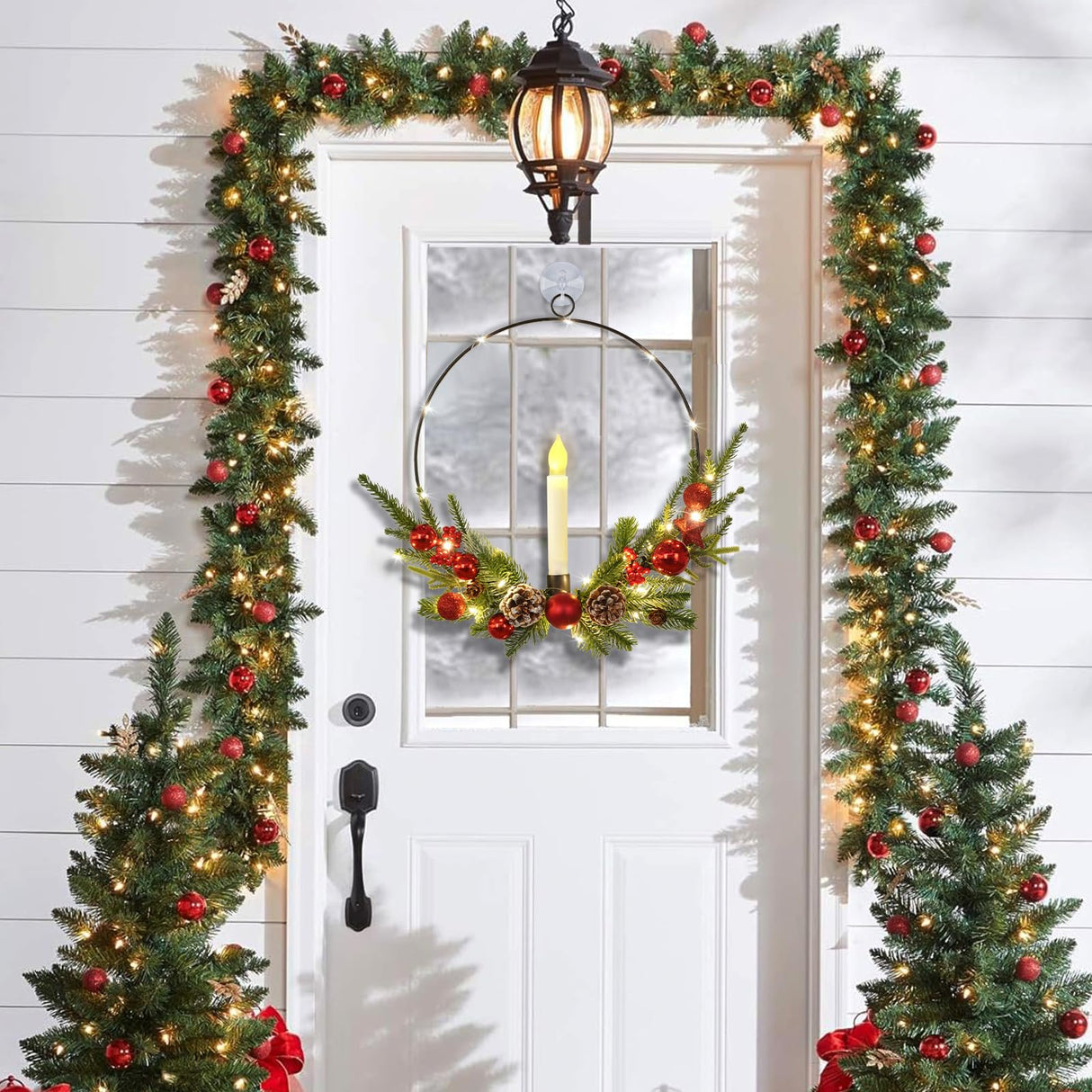 Dolicer 2 Pcs Christmas Wreaths for Front Door Window 12In Christmas Wreaths with LED Lighted Taper Candles and Remote Control Berries and Pine Cones Wreaths for Holiday Christmas Party Decoration Dolicer