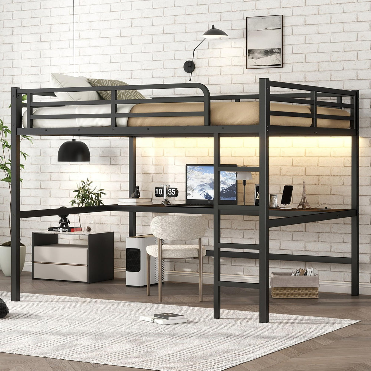 Queen Size Metal Loft Bed with Desk, LED Lights & USB Charging Station, Sturdy Noise-Free High Loft Bed Frame with Safety Guardrails, Space-Saving Loft Bedframe for Adults, Kids, Teens, Black (Queen) XUWANSHANG