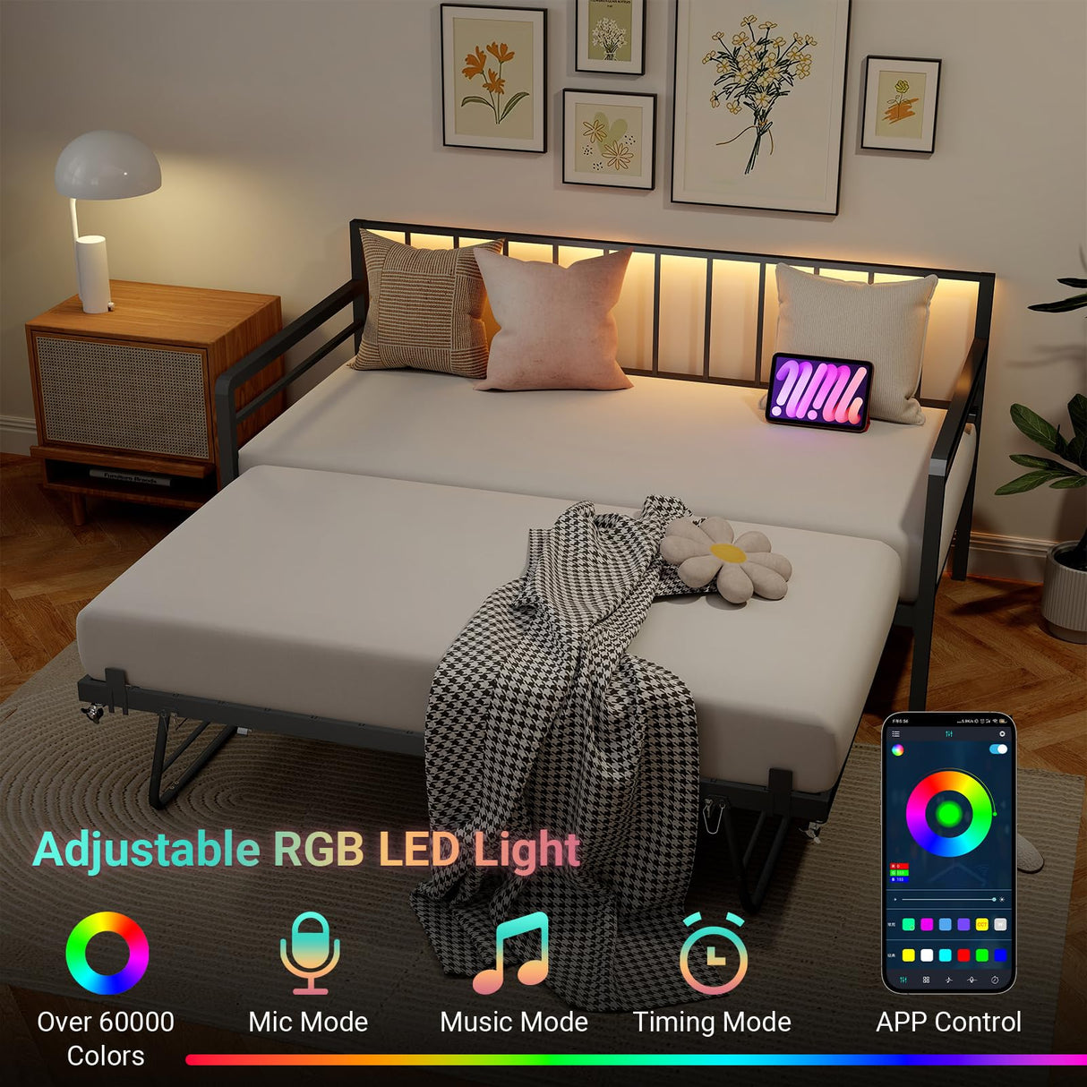 Zevemomo Twin Daybed with Pop Up Trundle, Metal Day Bed Frame with LED Lights and Charging Station, Day Bed with Trundle Bed Twin, Black Daybed for Living Room, Bedroom, Guest Room Zevemomo