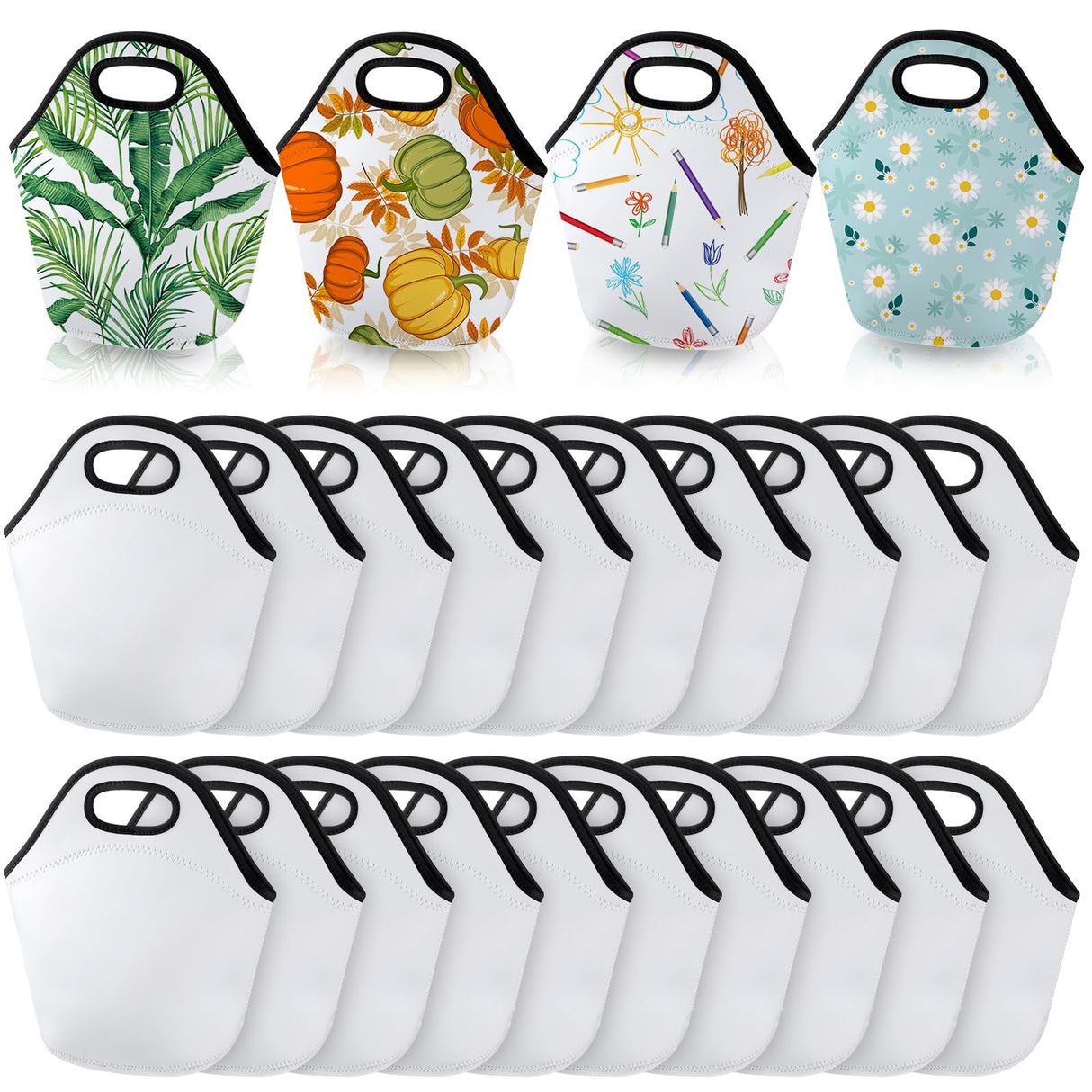 Paterr 24 Pieces Sublimation Blanks Neoprene Lunch Bag Insulated Lunch Box Reusable Lunch Bag Case Thermal Food Carry Case Handbags with Zipper for Adults Work Travel Picnic DIY, White Paterr