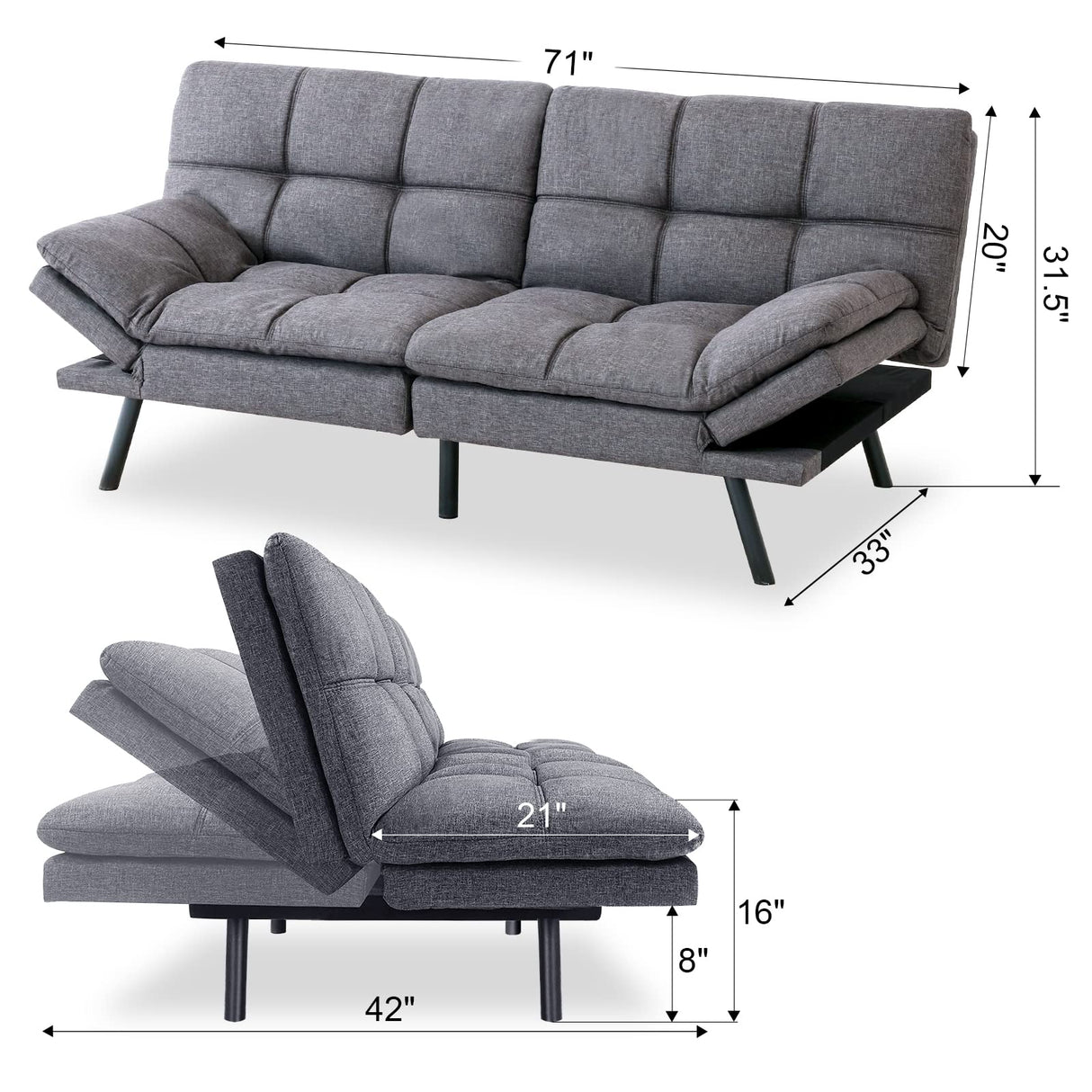 Maxspeed Futon Sofa Bed, Memory Foam Couch Convertible Loveseat, Sleeper Sofa Modern Futon Sets for Small Apartments, Compact Living Space, Office (Grey) Maxspeed