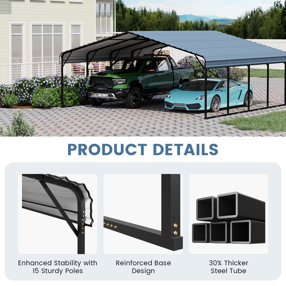 EROMMY 20x20FT Stable Metal Carport, All-Weather Heavy-Duty Carports with Strong Base, Sturdy Car Shed with Galvanized Steel Roof and Frame, Easy Assembly Car Port for 2 Cars, Tractors, Boat, Gray EROMMY