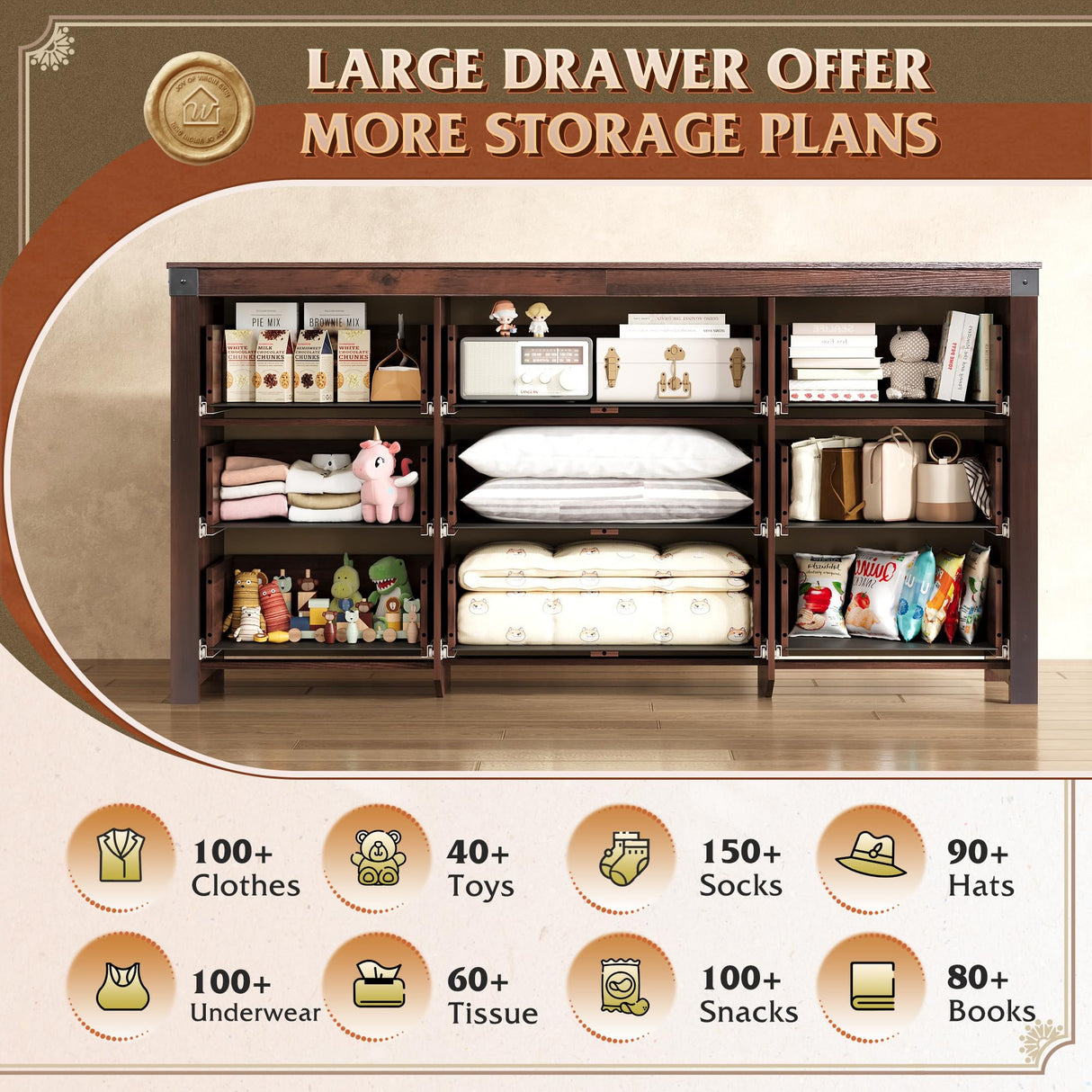 WLIVE Farmhouse Dresser for Bedroom, 63" Wide 9 Drawer Dresser Storage Organizer, Wood Chest of Drawers for Bedroom, TV Stand for 70 inch TV for Living Room, Hallway, Ball Bearing Slide (Brown) WLIVE