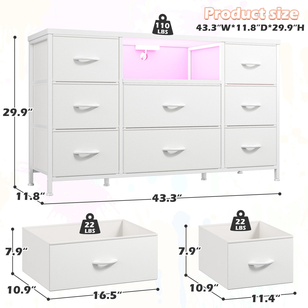 White Dresser TV Stand for 55'' with LED Lights & Charging Station, Dresser for Bedroom with 8 Drawer, Chest of Drawers with Open Shelves, 6 Adjustable Feet, Hallway, Entryway EnHomee
