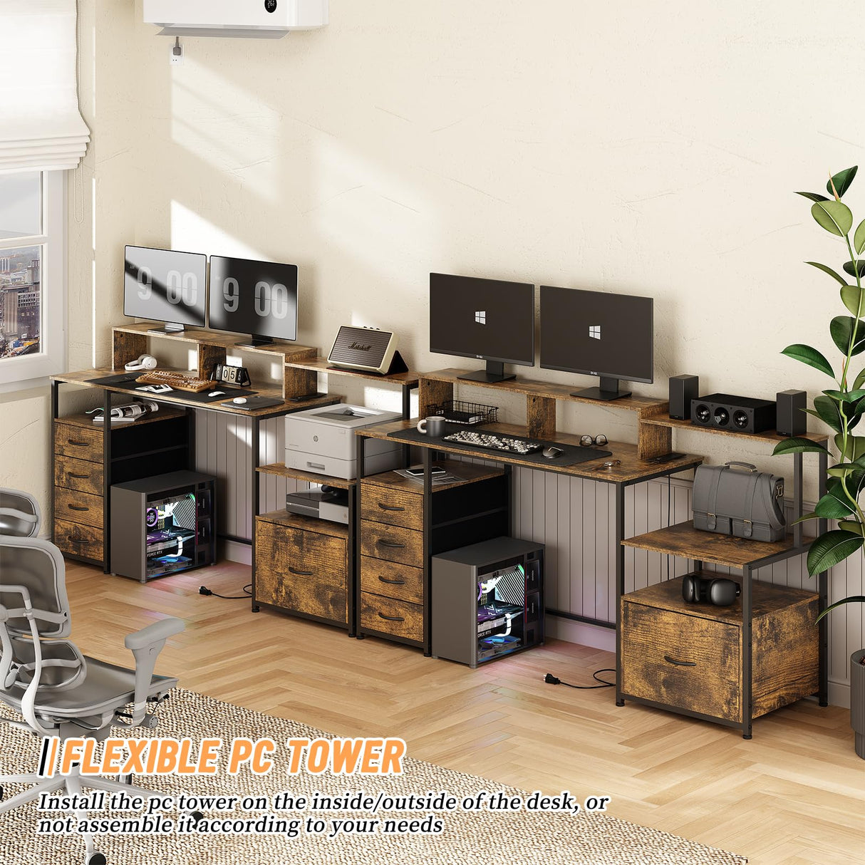 EDWINENE Computer Desk with Drawers, 67 Inch Office Desk with Storage and Power Outlet, Work Table for Home Office, Gaming Desk with Led Lights, Rustic Brown EDWINENE