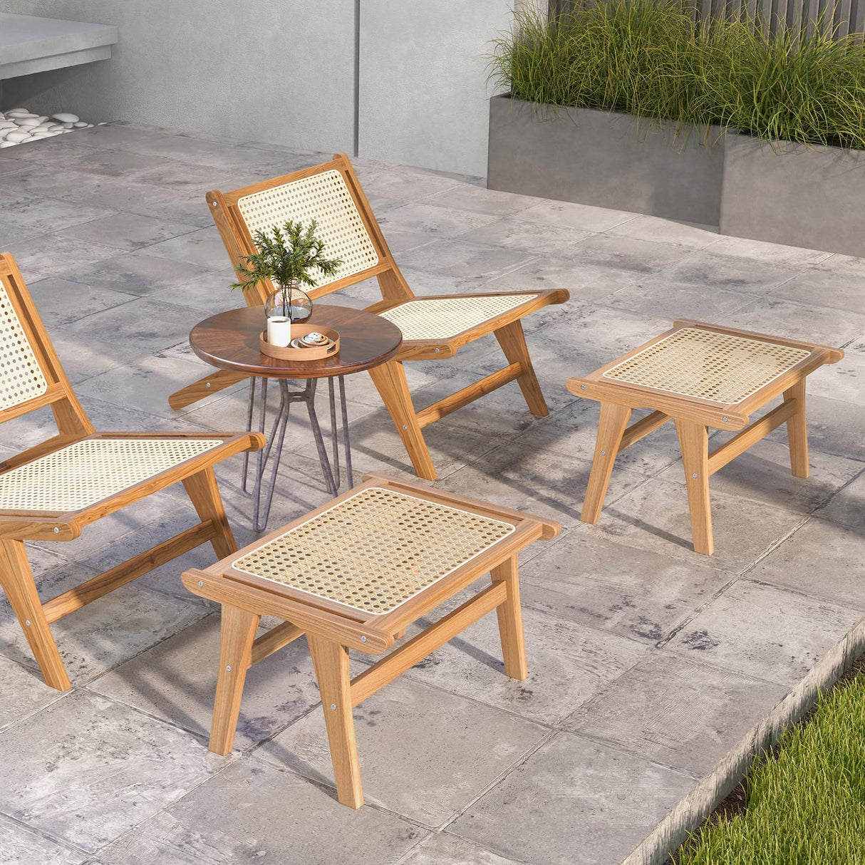 Tangkula Ottoman Footstool, Natural Teak Wooden Foot Rest with Handwoven Rattan for Living Room Bedroom Office, 14" H, Indoor (2) Tangkula