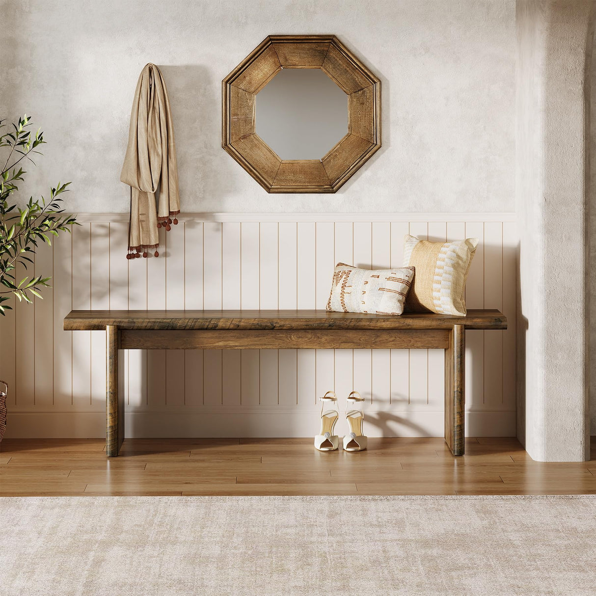 Tribesigns 59-Inch Entryway Bench, Farmhouse Shoe Bench Seat for Hallway, Foyer, Mudroom Tribesigns