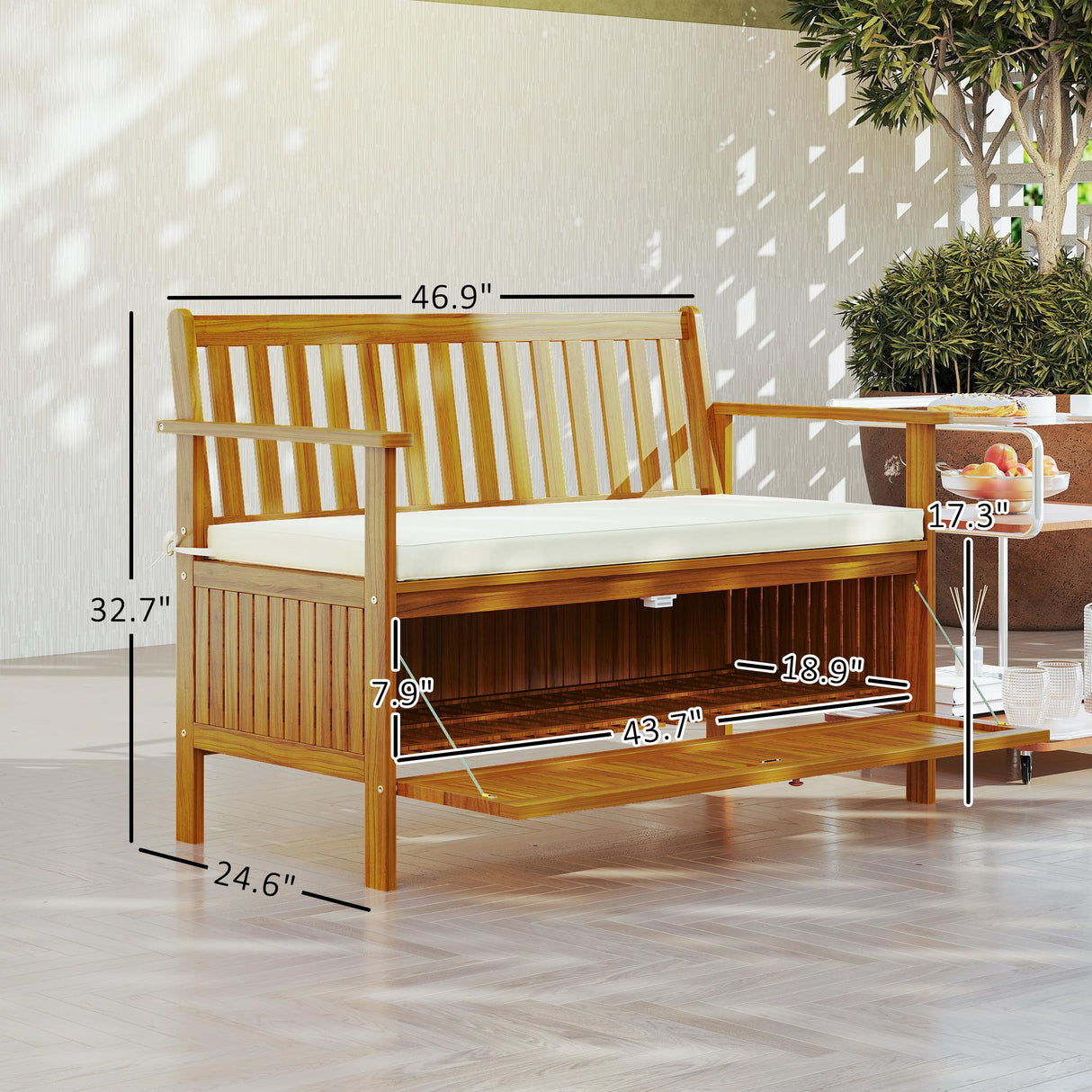 Outsunny Outdoor Bench with Storage Box, 28 Gallon Outdoor Storage Bench, Acacia Wood Garden Seat with Cushion, 2 Seater Patio Furniture for Park, Balcony, Teak Outsunny