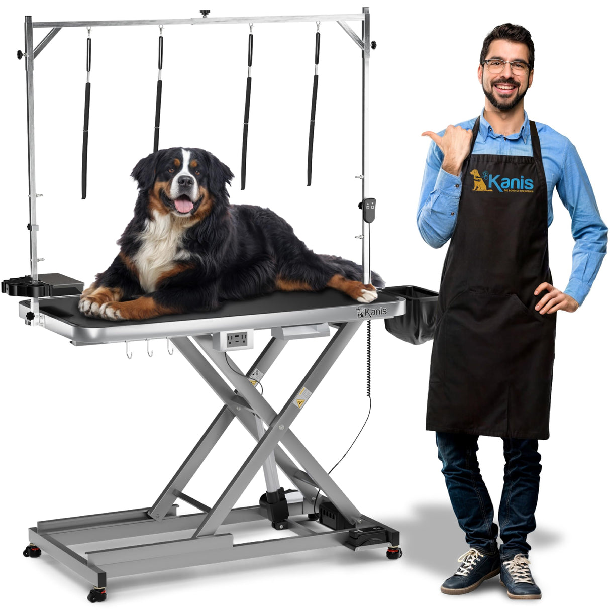KANIS Professional Electric Dog Grooming Table - Heavy Duty, Height Adjustable Pet Grooming Table w/Leveling Wheels, Grooming Arm, Anti Slip Tabletop & Tool Organizer/Dog Grooming Station (49", Grey) KANIS