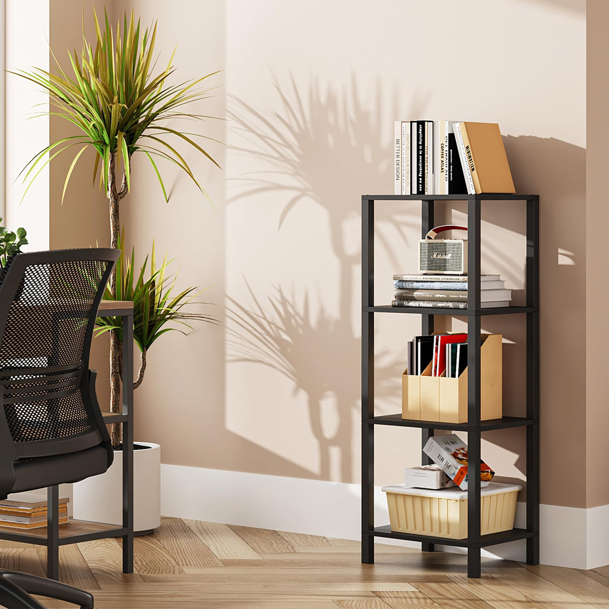 TUTOTAK Bookshelf, 4-Tier Tall Book Shelf, Narrow Bookcase for Small Space, DIY Stackable Bookshelf, for Living Room, Office, Study, Entryway, Industrial, Black BS01BK004 TUTOTAK