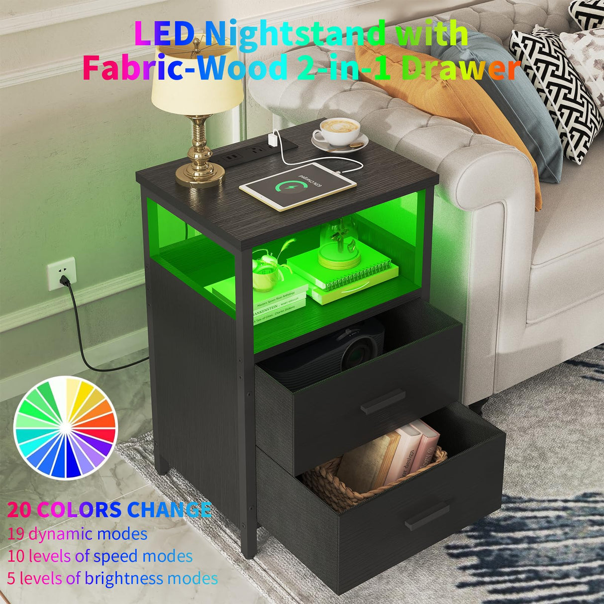 KHLJJU LED Nightstand with Charging Station, Side Table with USB Ports and Outlets, End Table for Small Spaces, Black Bedside Tables for Bedroom, Living Room, Office KHLJJU