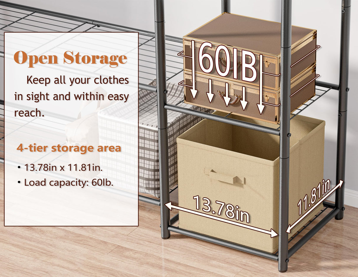 Wardrobe Closet,Portable Clothes Rack with 4 Tiers Shelves,Freestanding Closet Organizers and Storage System with Hanging Rods,Steel Clothing Rack Suitable for Cloakrooms,Bedrooms,Entrances,etc.Black HOMIDEC